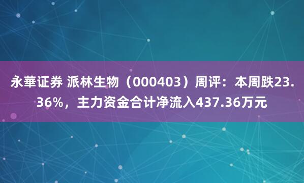 永華证券 派林生物（000403）周评：本周跌23.36%，主力资金合计净流入437.36万元