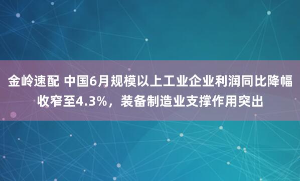 金岭速配 中国6月规模以上工业企业利润同比降幅收窄至4.3%，装备制造业支撑作用突出